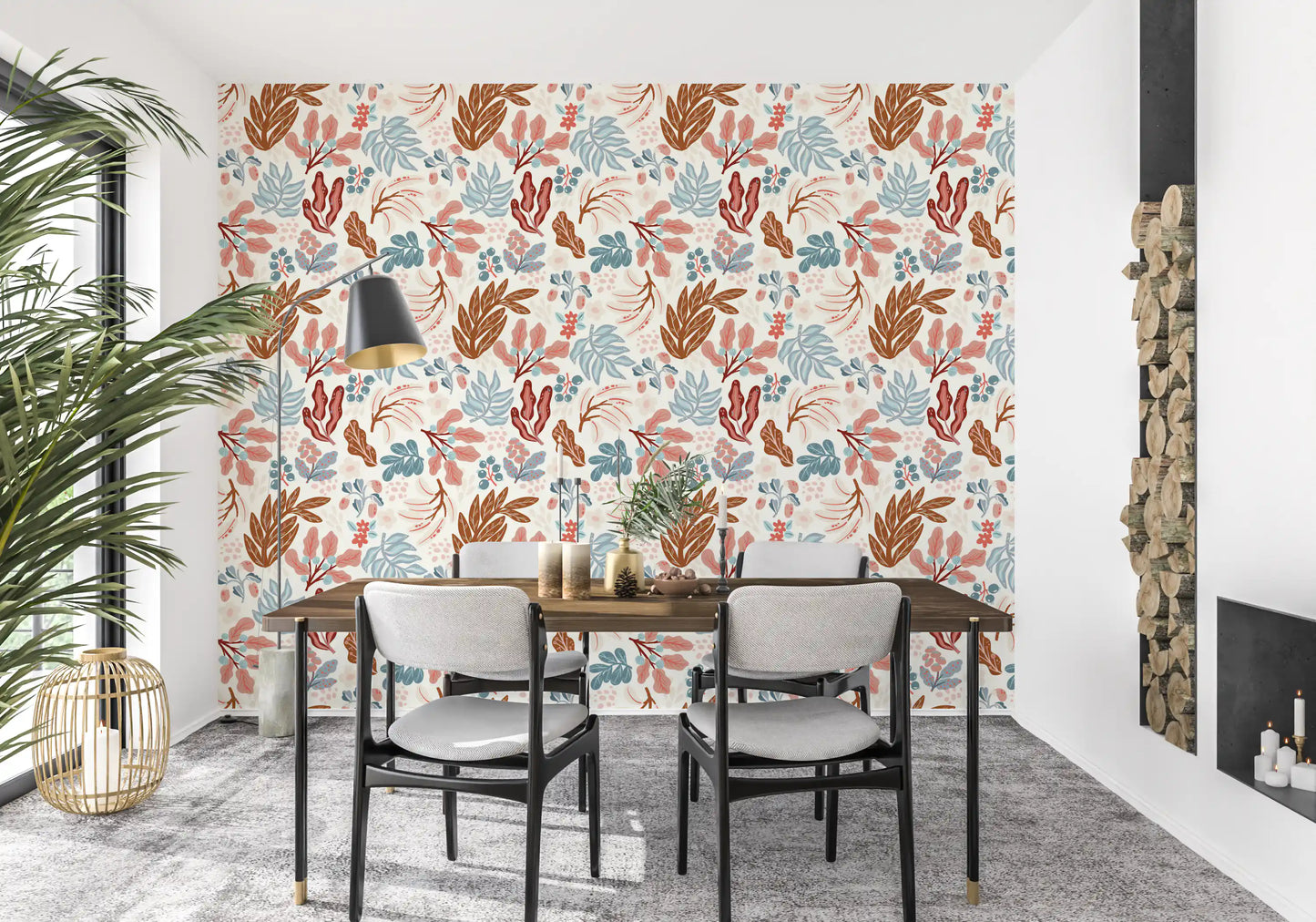 Muted Autumn Botanical Folk Art Wallpaper⁠
