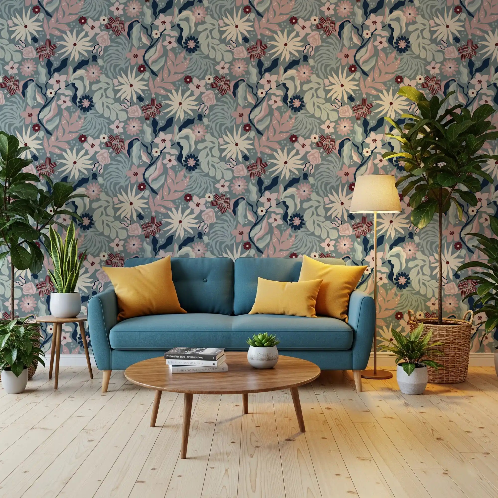 Muted Floral Garden Flora wallpaper set in a living room GD11905