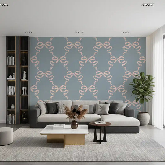 Pink bow trellis wallpaper warming a calm living room GD11906