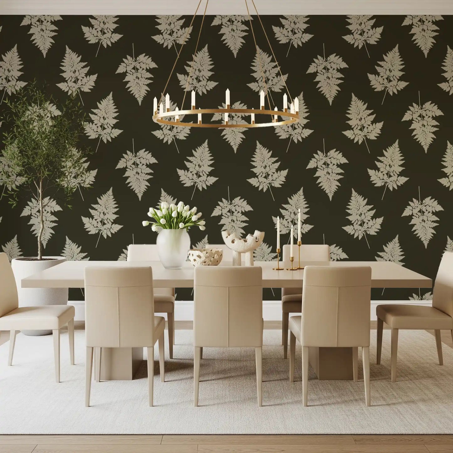 Minimalist Woodland Leaf Motif Wallpaper⁠