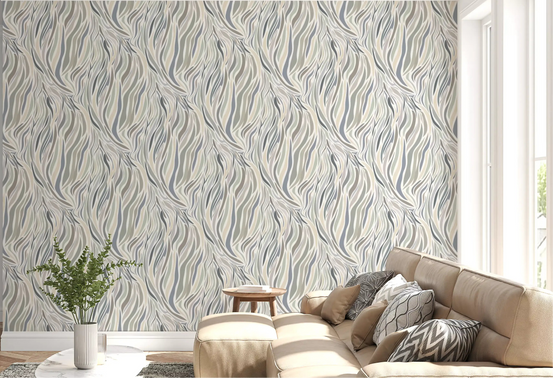 Living room feature panel in abstract fluid wave wallpaper, sage and cream GD11908