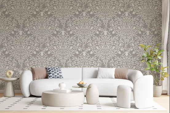 Heritage Damask Botanical wallpaper spanning an open living room GD11909