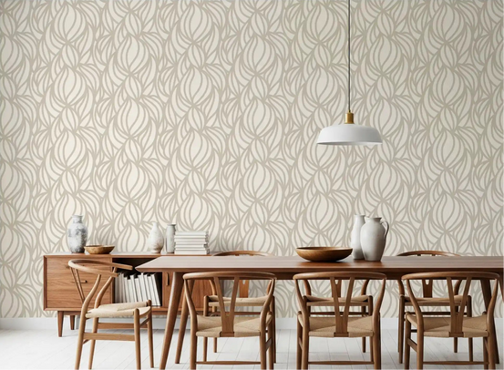 Cream Swirl Geometric wallpaper across a calm dining room GD11913
