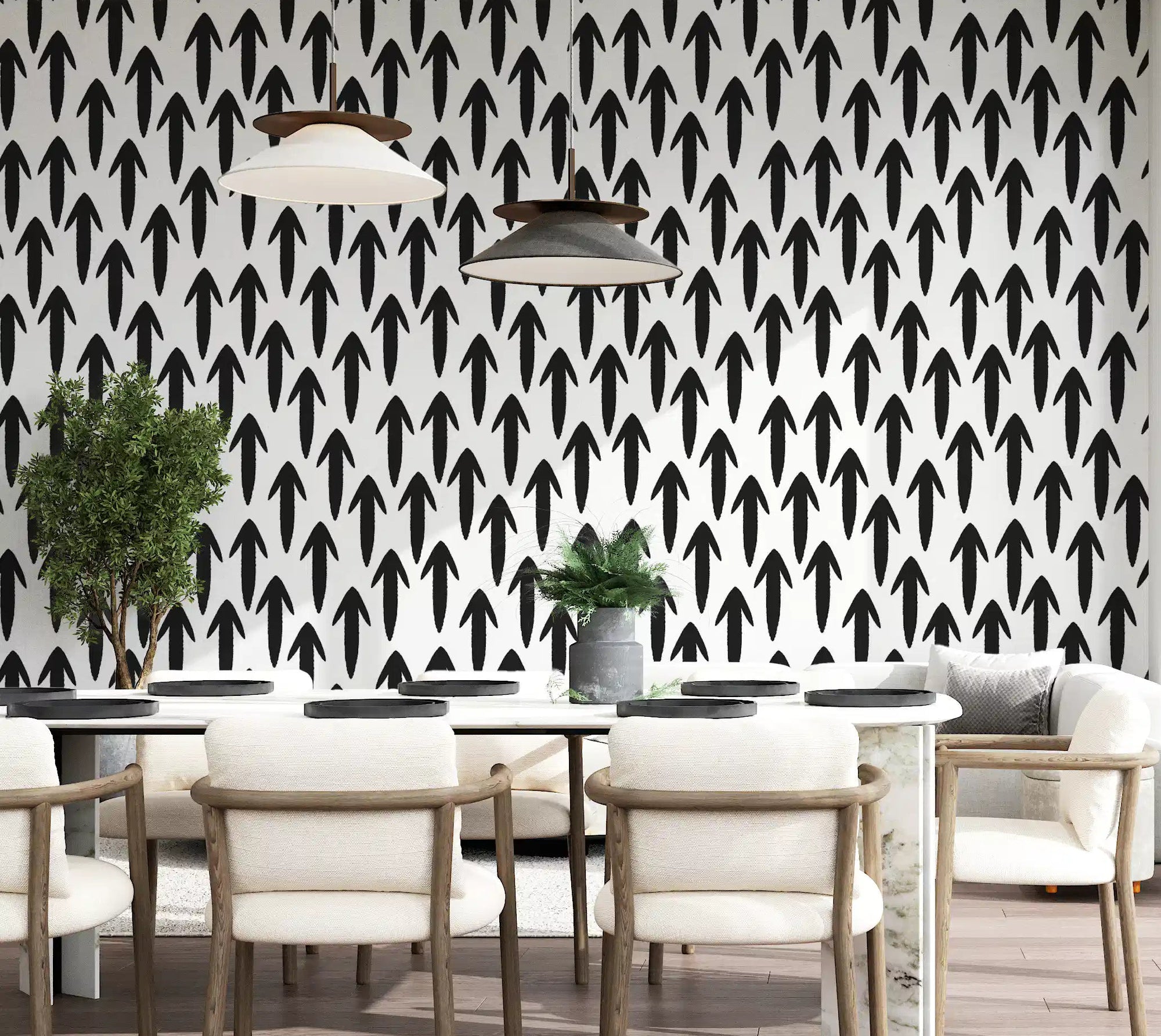 Dining room styled with graphic arrow pattern wallpaper across one stretch GD11915
