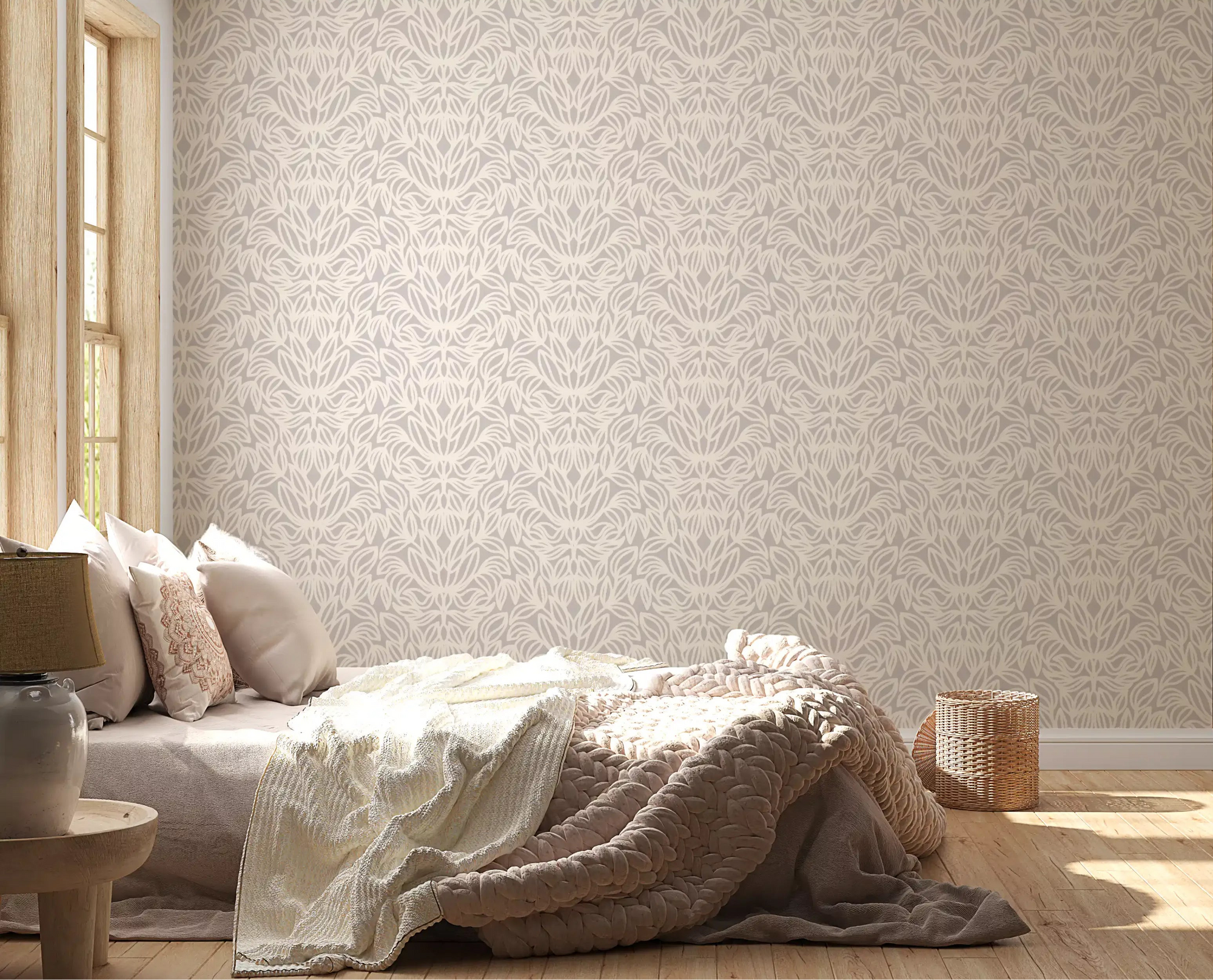 Bedroom feature panel in Minimalist Botanical Damask wallpaper GD11916