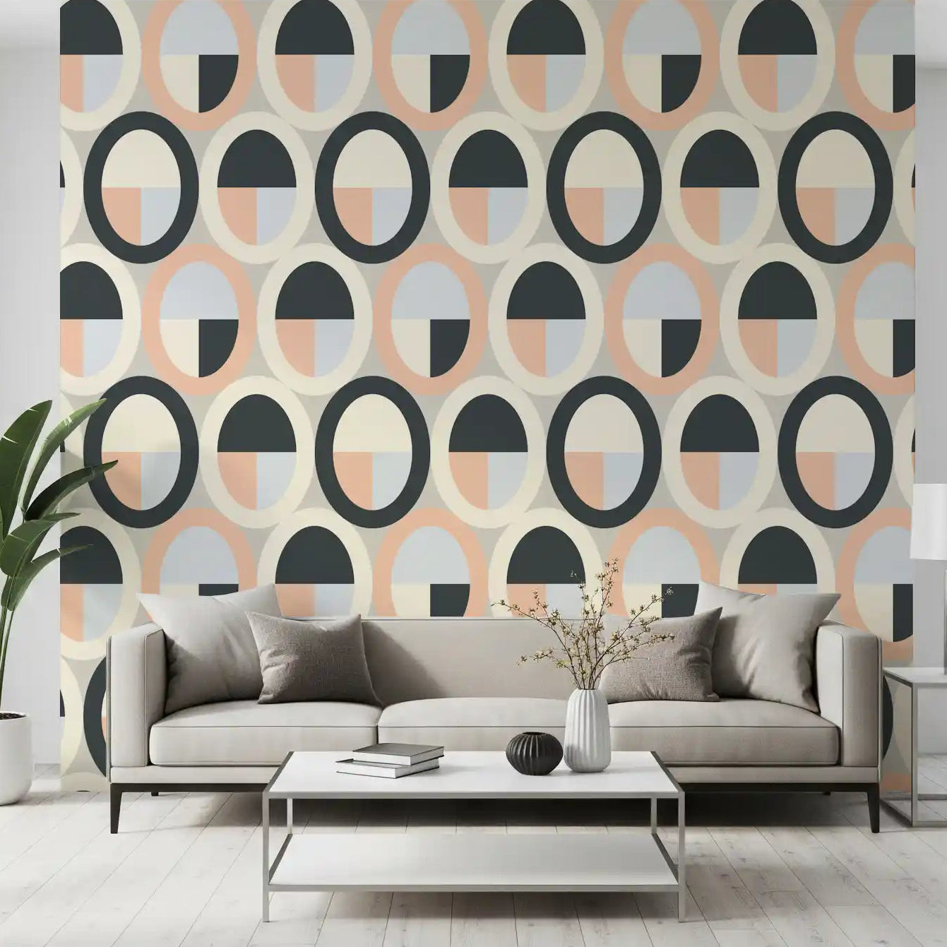 Quartered ovals warm a living room in Minimalist Geometry wallpaper GD11917