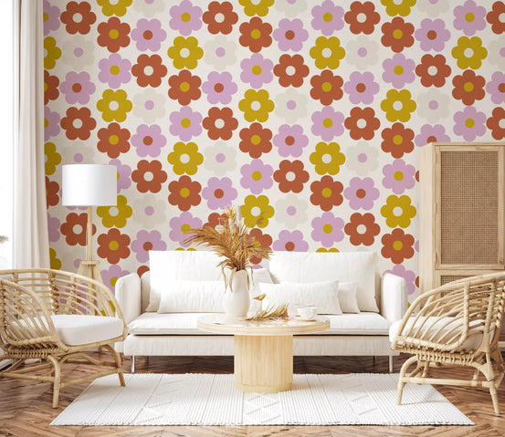 Living room styled with the Retro Flower Power Bloom wallpaper daisies GD11923