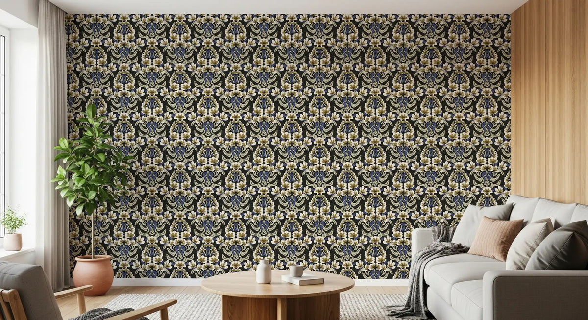 Black Botanical Heritage trellis wallpaper lifts a living room with ivory blooms GD11927