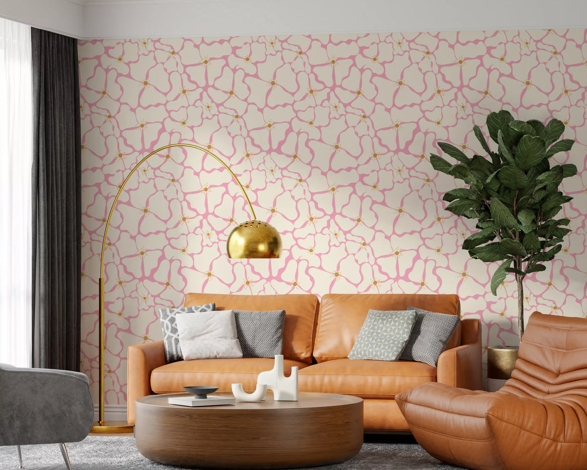 Blush Petal Flow wallpaper spanning a calm living room, GD11930