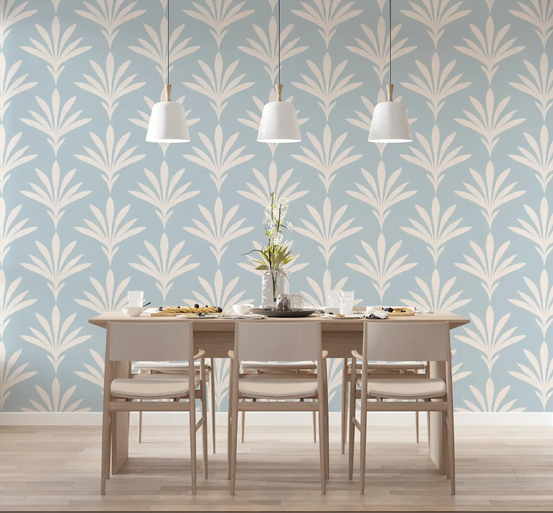 Cream fan leaf pattern wallpaper freshens an airy dining room GD11931