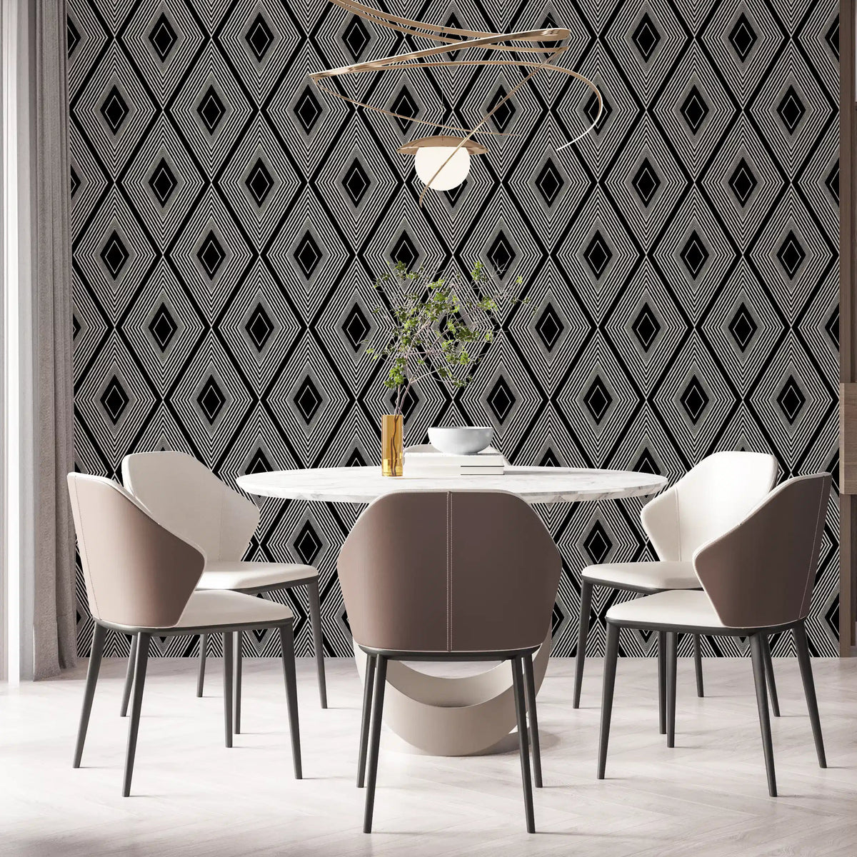 Black and white diamond wallpaper sharpens a modern Dining room GD11934