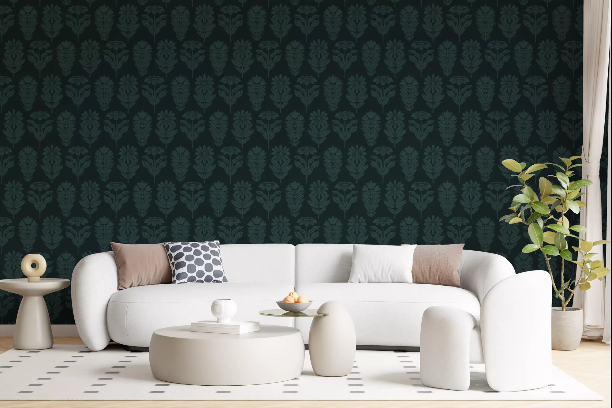 Living room dressed in the Midnight Botanical Block Print wallpaper GD11936
