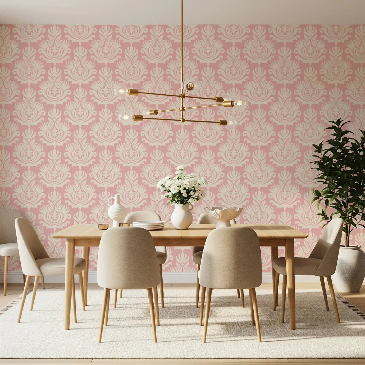 Dining room glows against blush damask in Pink Heritage wallpaper GD11938