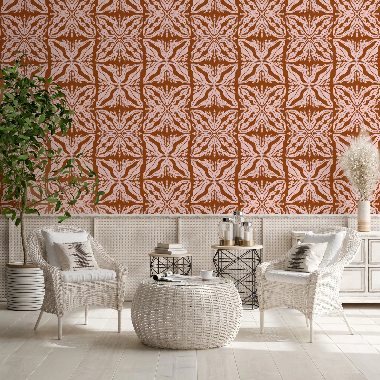 Rustic Terracotta Floral Geometric Wallpaper⁠