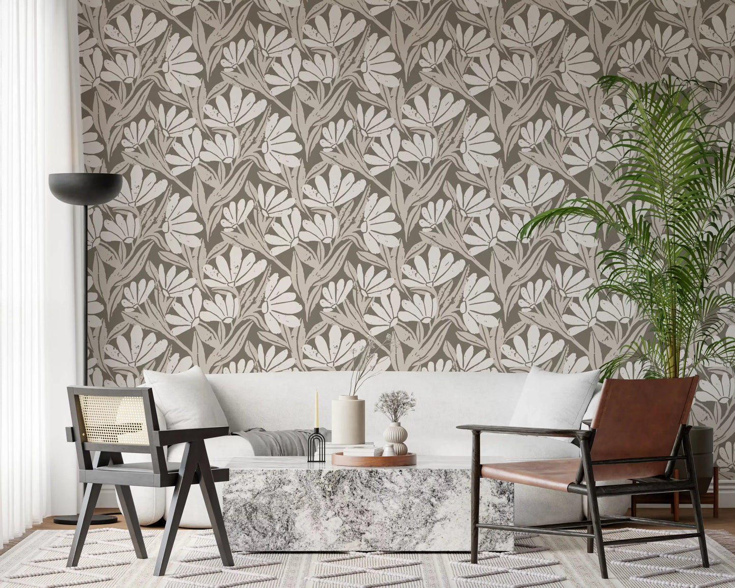 Rustic Cream and Taupe Flower Block Print Wallpaper⁠
