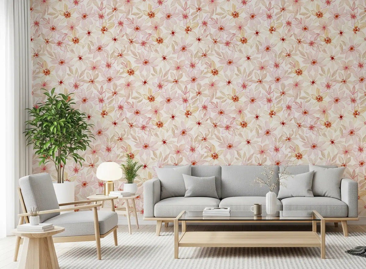 Watercolor Meadow Bloom wallpaper warms a living room with pale florals GD11947