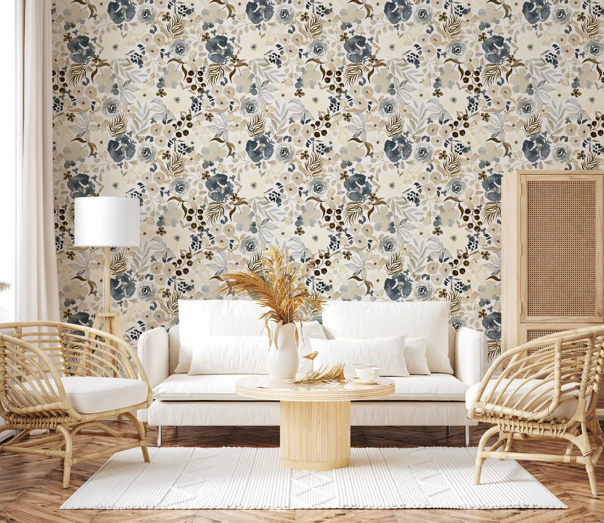 Neutral watercolor wallpaper warms a living room in navy and beige blooms GD11948
