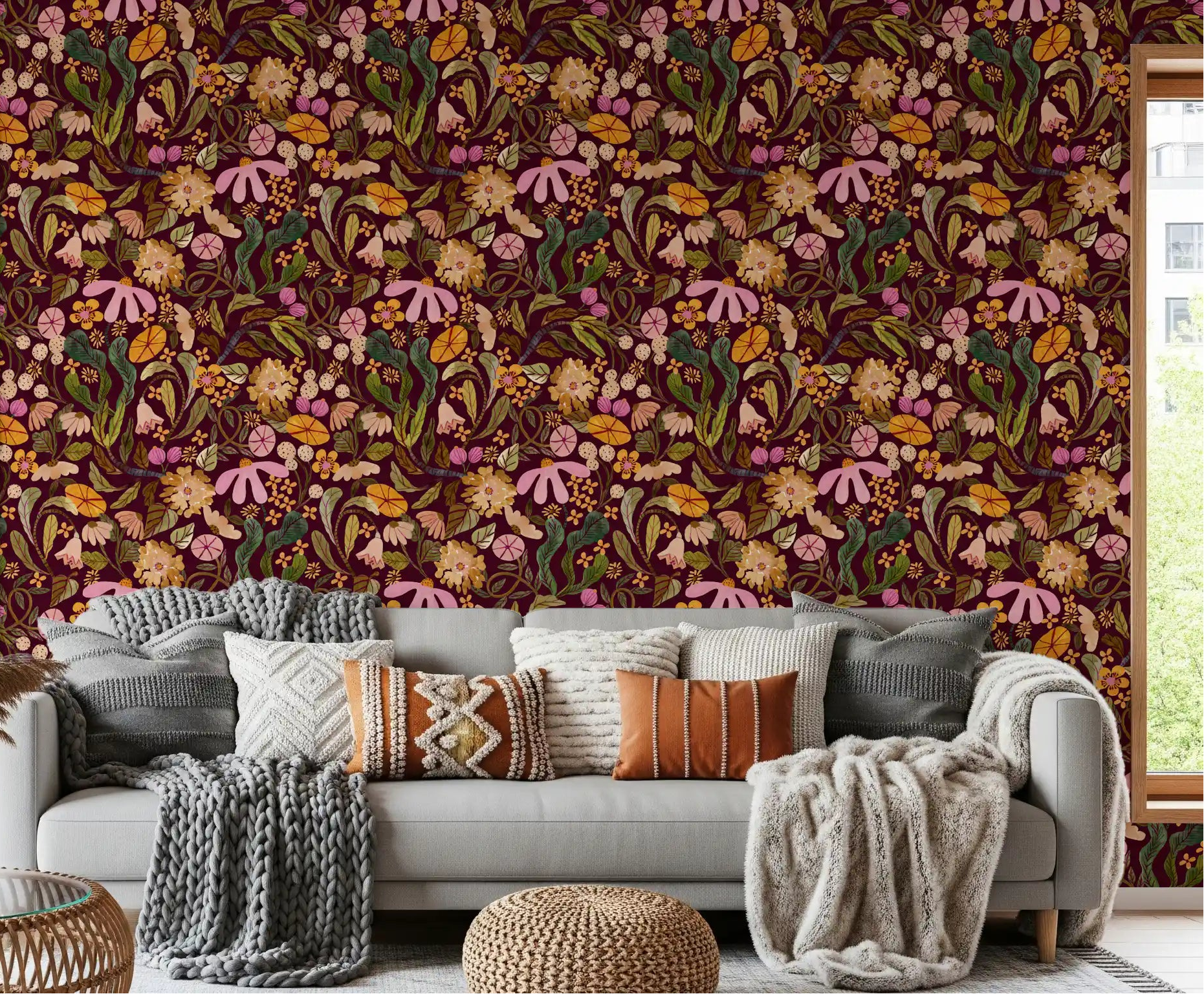 Vintage botanical wallpaper spreads flowers behind a warm living room, GD11949