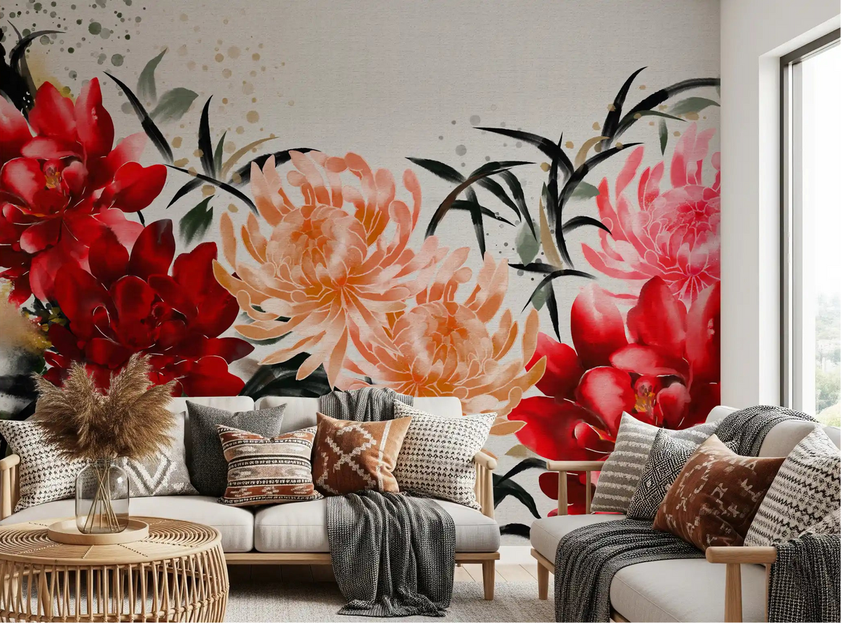 Crimson peonies warm a living room in the Floral Ink Wash wall mural GD11951
