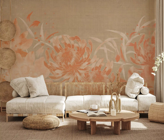Peach chrysanthemum wall mural spanning a calm living room, GD11952