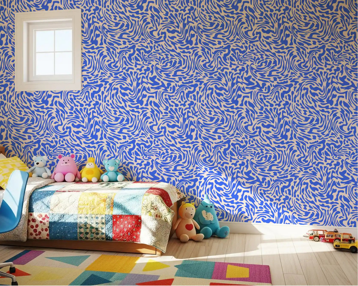 Cobalt Swirl Pattern wallpaper energizes a kids' room with blue whirls GD11957
