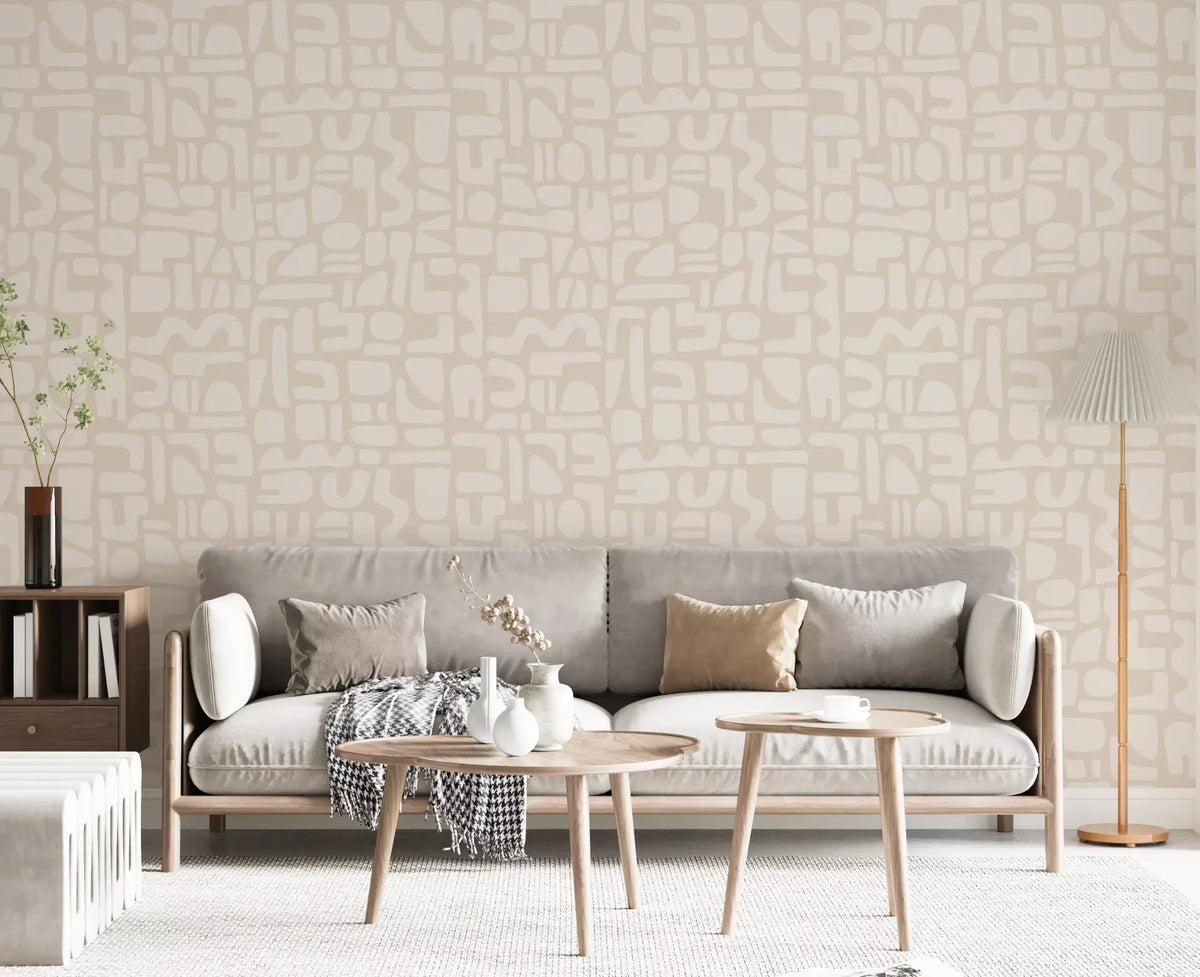 Living room styled with Minimalist Soft Geometric Shapes beige wallpaper GD11960
