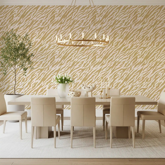 Golden animal stripe wallpaper spanning a bright dining room, GD11962