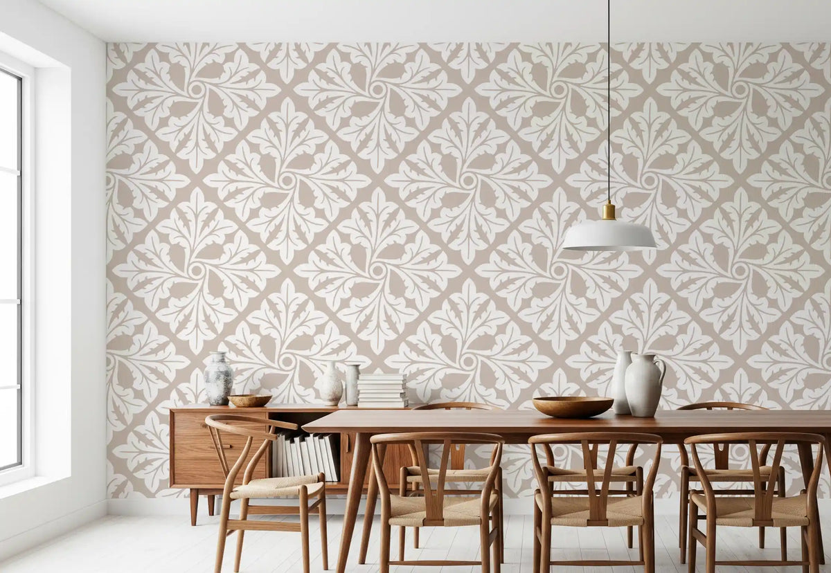 Damask acanthus leaves in beige cross the wallpaper in a calm dining room GD11963