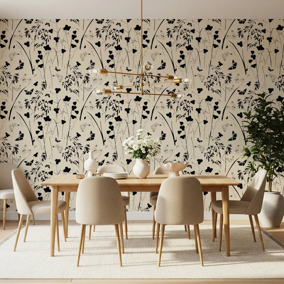 Silhouette meadow grasses frame a dining room backdrop in matte wallpaper GD11965