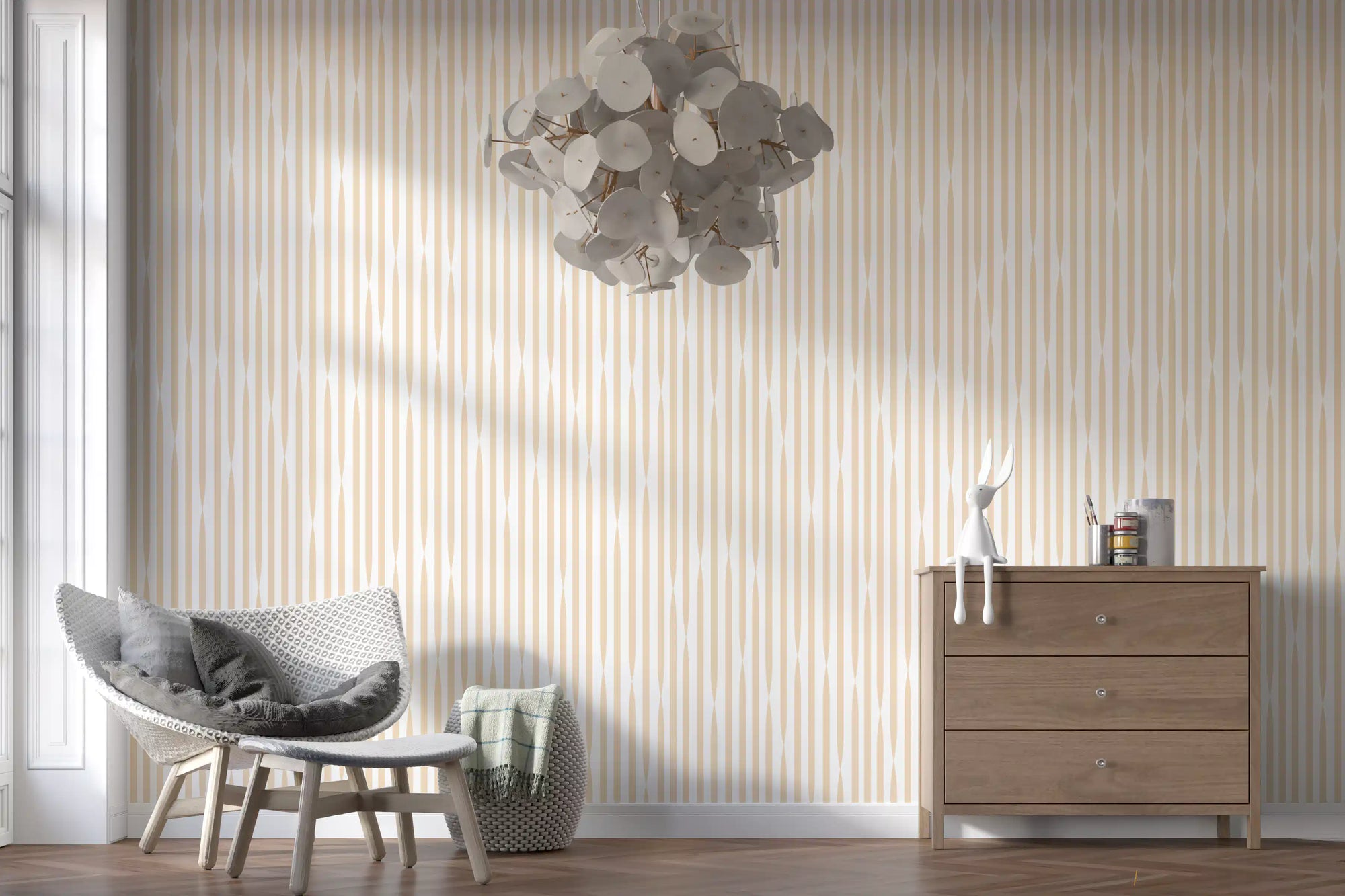 Cream and beige interlocking stripes wallpaper behind a living room setting, GD11969
