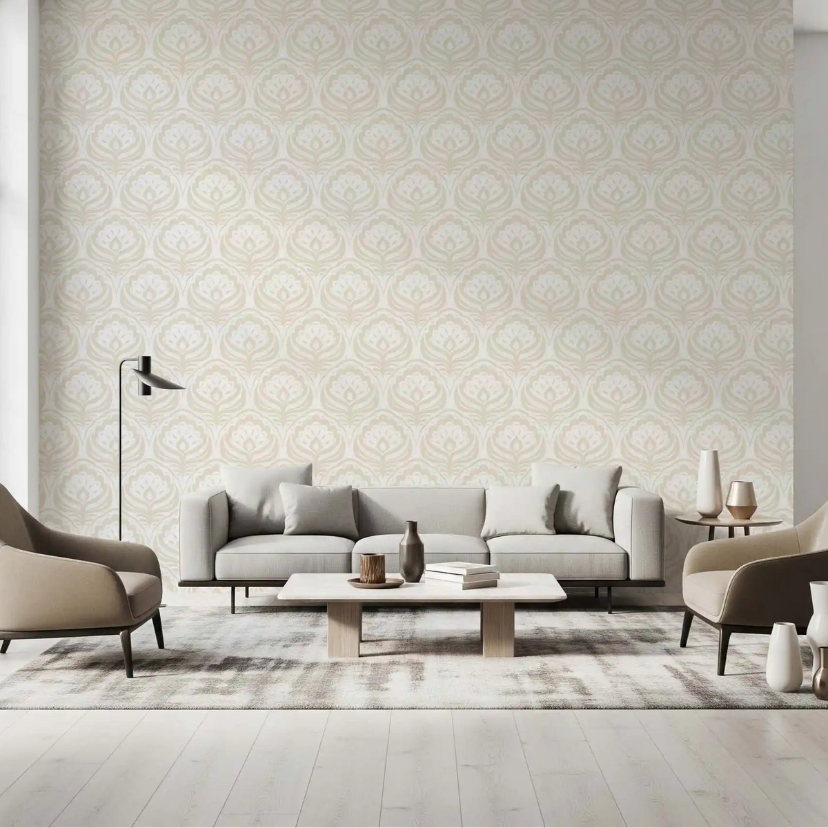 Living room styled with the Cream Ogee Damask pattern in beige wallpaper GD11970
