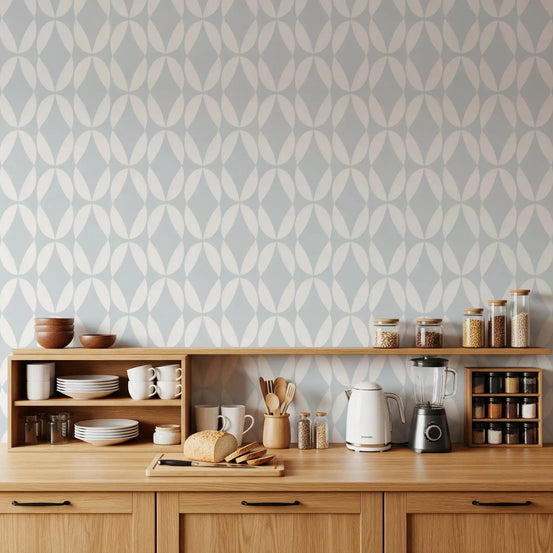 Curved white shapes in blue-grey wallpaper calm a modern Kitchen GD11979