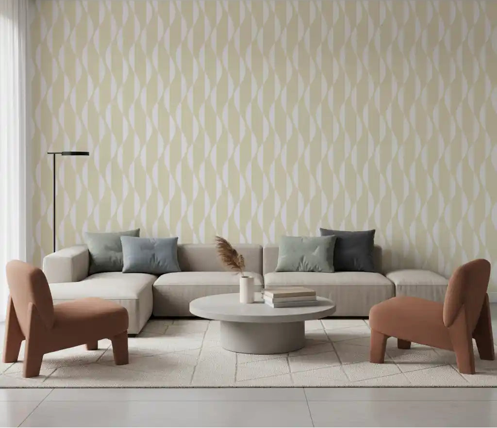 Cream and white ribbons lift a living room, wavy line wallpaper in warm neutrals GD11982