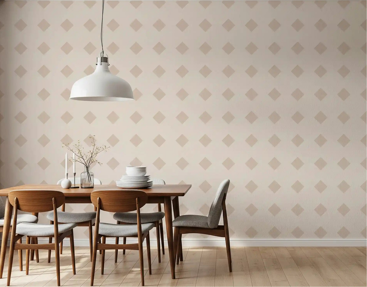 Rows of beige diamonds fill a dining room as neutral geometric wallpaper GD11984