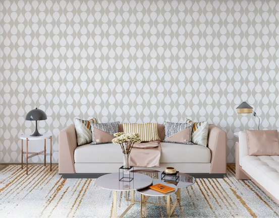 Minimalist geometric wallpaper of white curves behind a living room GD11990