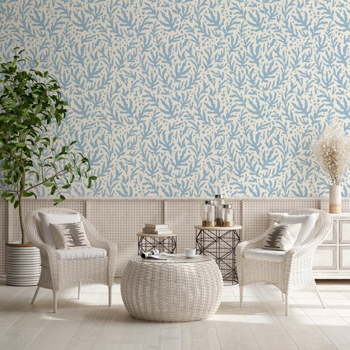 Blue seaweed pattern wallpaper sets a breezy living room backdrop on cream GD11991