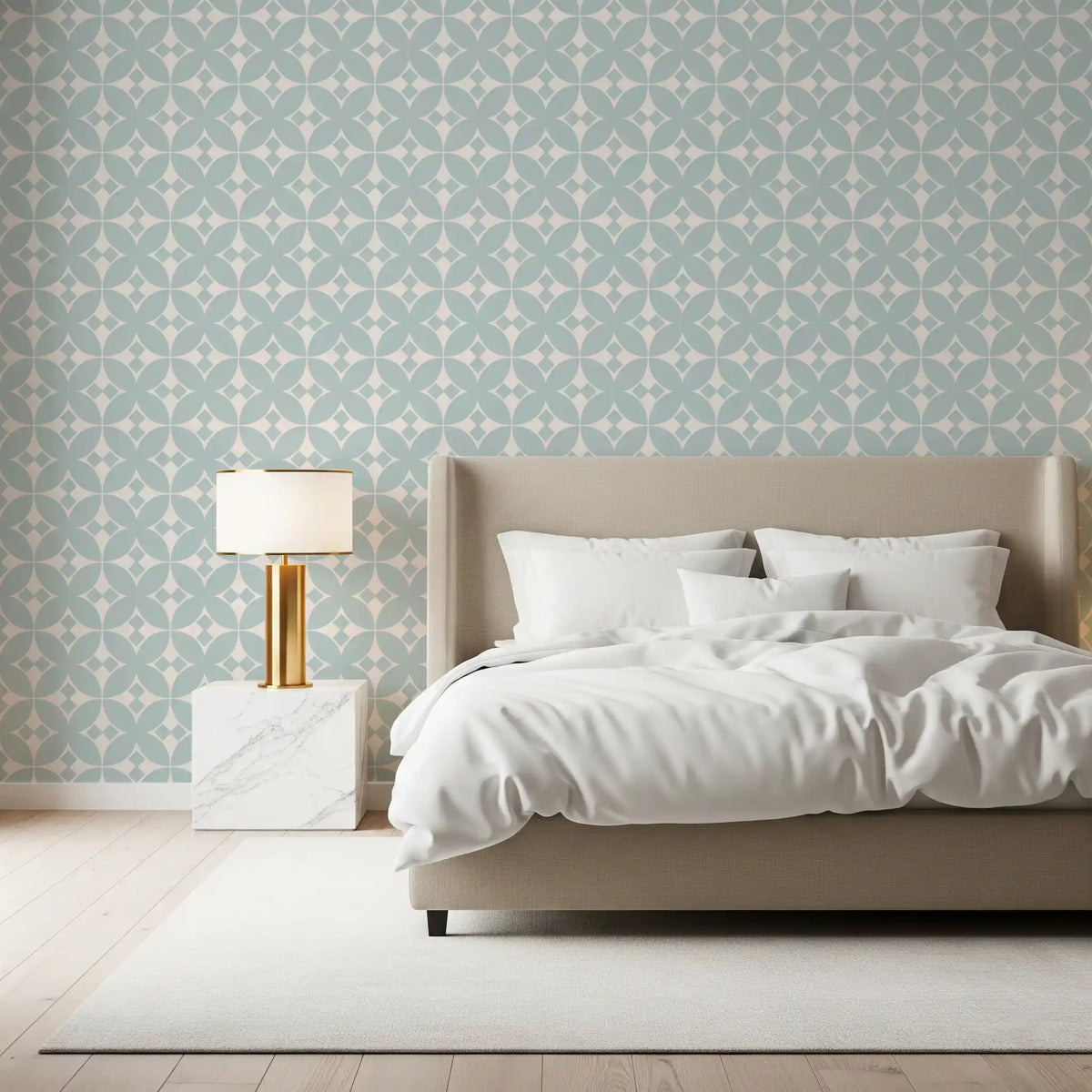 Wallpaper in a blue tile repeat calms a bedroom with cream tones, GD11995