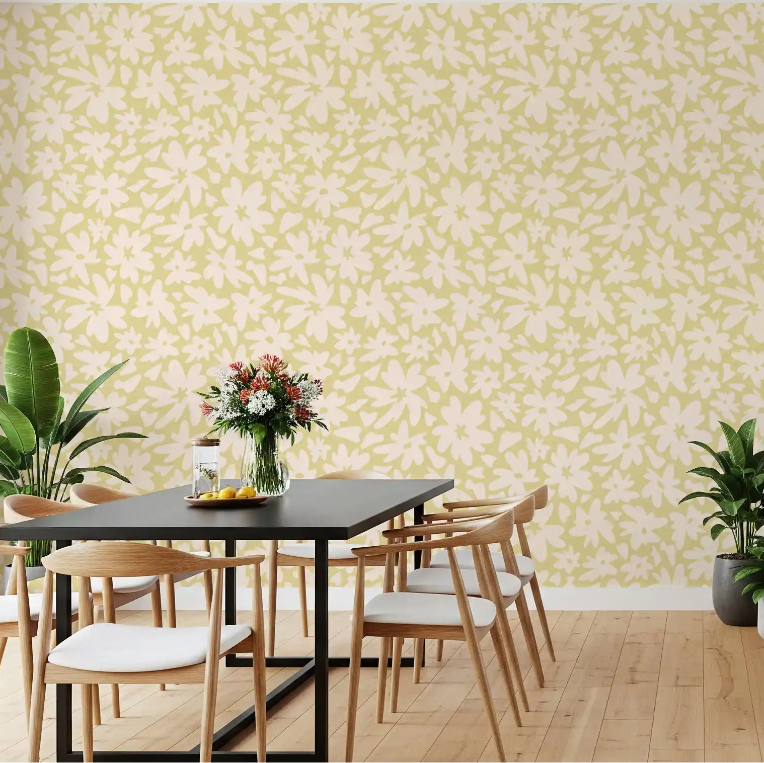 Cream petal silhouettes lift a Dining room in warm yellow wallpaper, GD11997
