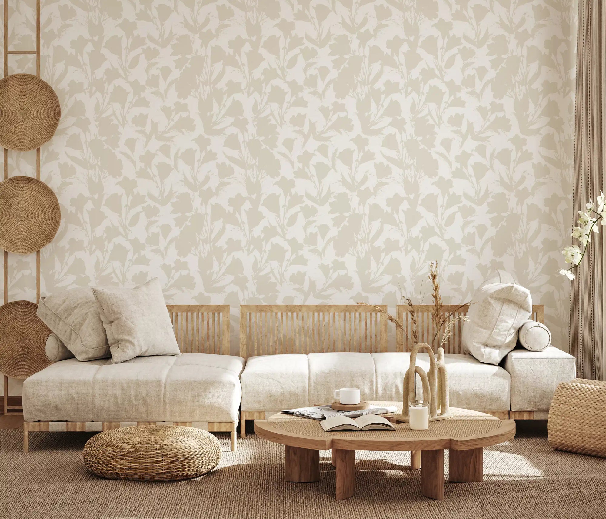 Minimalist botanical sketch wallpaper sets a calm living room backdrop in beige GD12001