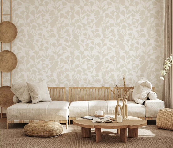 Minimalist botanical sketch wallpaper sets a calm living room backdrop in beige GD12001