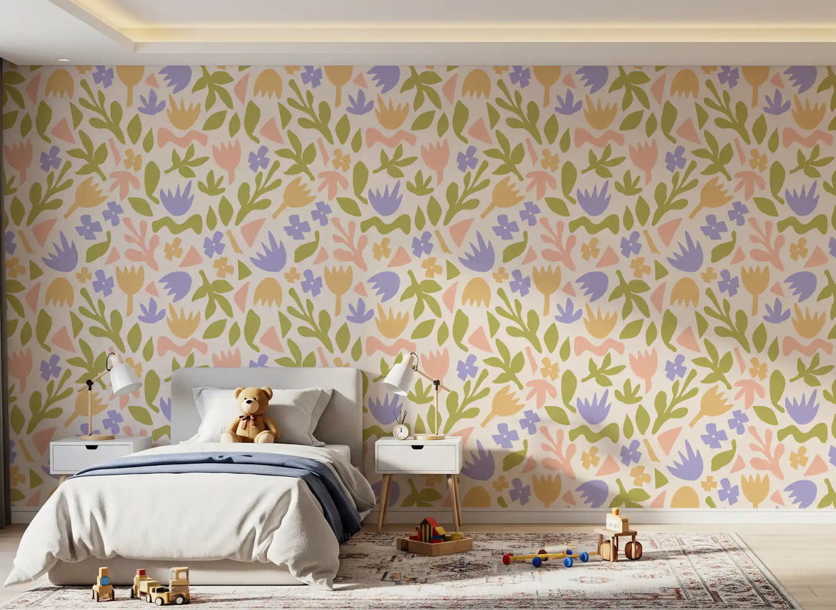 Tulip and leaf shapes add cheer to a kids' room in this wallpaper GD12006