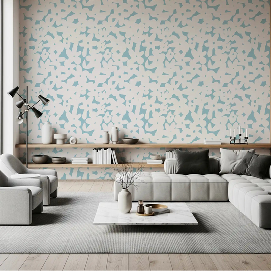 Cream flower silhouettes fill a living room, Soft Blue Floral wallpaper GD12008