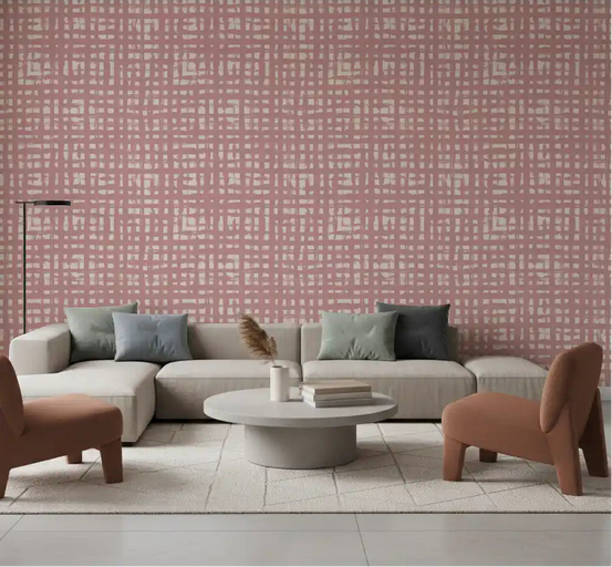 Blush check pattern fills a calm living room in Grid Texture wallpaper GD12009
