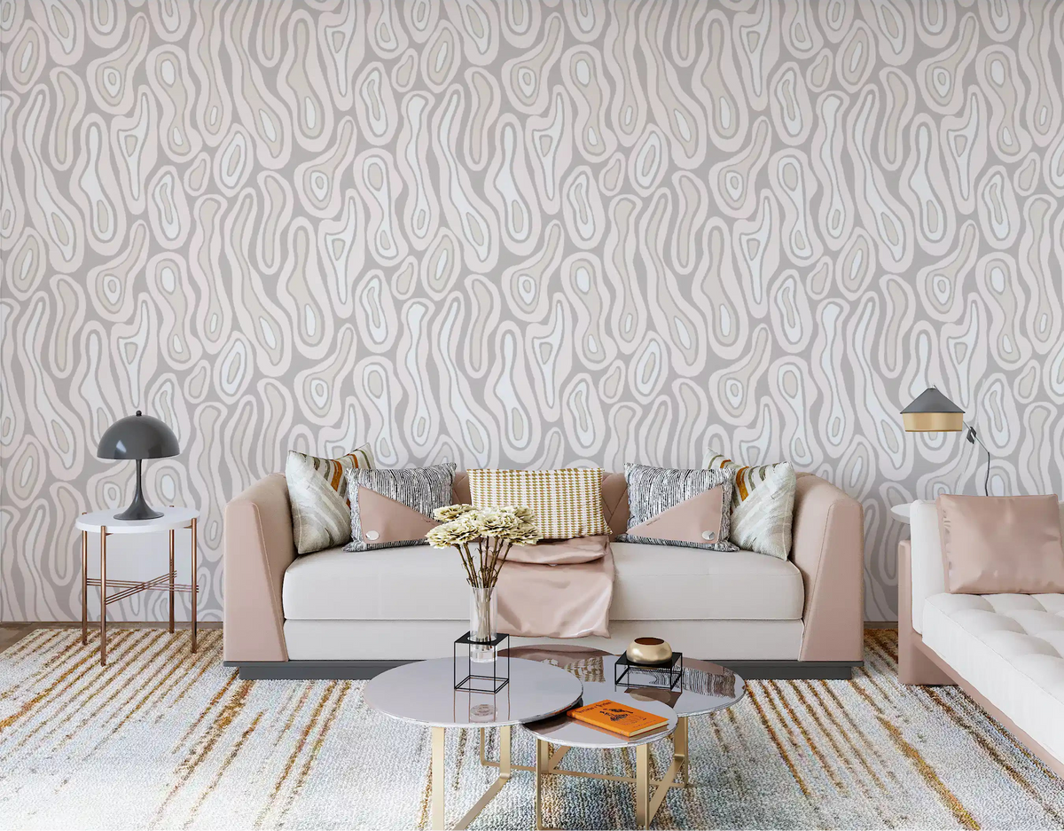Wavy Sandstone Lines wallpaper wraps a calm living room in cream and beige GD12011