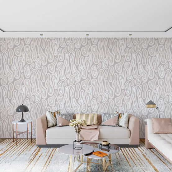 Wavy Sandstone Lines wallpaper wraps a calm living room in cream and beige GD12011