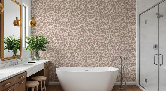 Bathroom styled around taupe and cream wallpaper petal lines GD12013