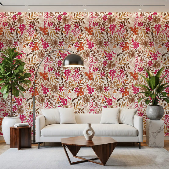 Cream botanicals across a living room in Bohemian Flora wallpaper GD12014