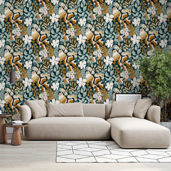 Bold living room styled in Retro Earthy Floral Bloom wallpaper on teal GD12019
