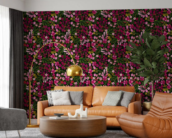 Living room dressed in the Midnight Botanical Meadow wallpaper GD12022
