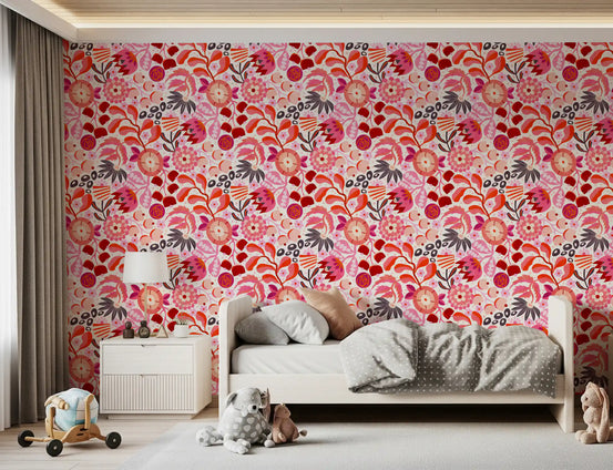 Kids room brightened by red and pink wallpaper blooms GD12023